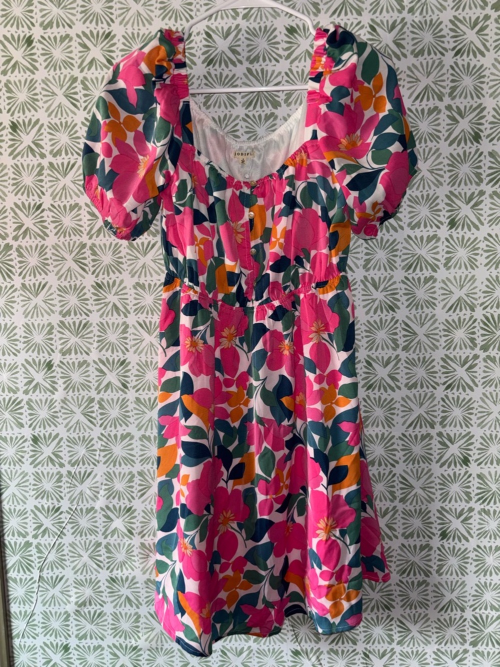 JODIFL Pink, Green & Orange Puff-Sleeve Floral Sundress